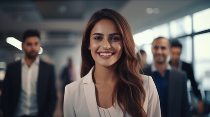 A happy, stylish blogger in a chic outfit, smiling and typing on a laptop, 