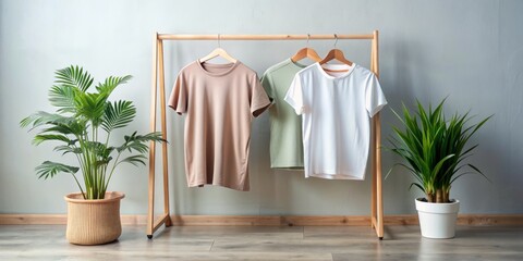 Minimalist Fashion Mockup Two T-shirts on Wooden Hanger with Plants, T-shirt mock-up, fashion, minimalist, branding