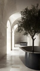 Fototapeta premium Minimalist Interior Design with Arched Hallway and Olive Tree
