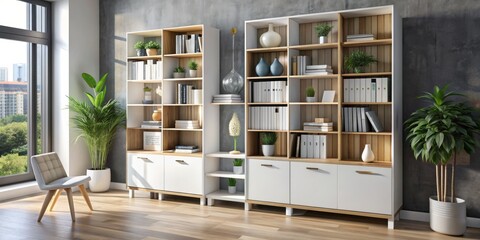 Modern Bookshelf Design with White and Wood Accents, Bookshelf, Interior Design, Home Decor, Minimalist