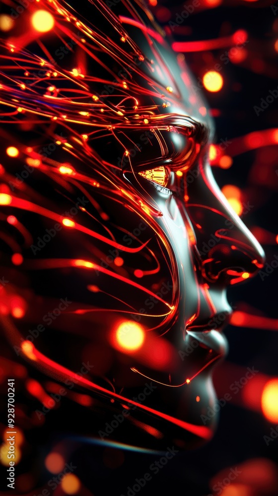 Poster an abstract representation of a face illuminated by glowing lights, evoking themes of technology and