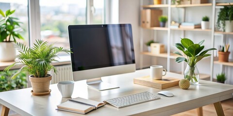 Modern Home Office Desk Setup with Plants, Computer, and Keyboard, desk , office , home , workspace