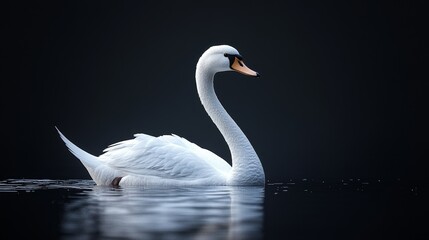 A white swan is swimming in a dark body of water