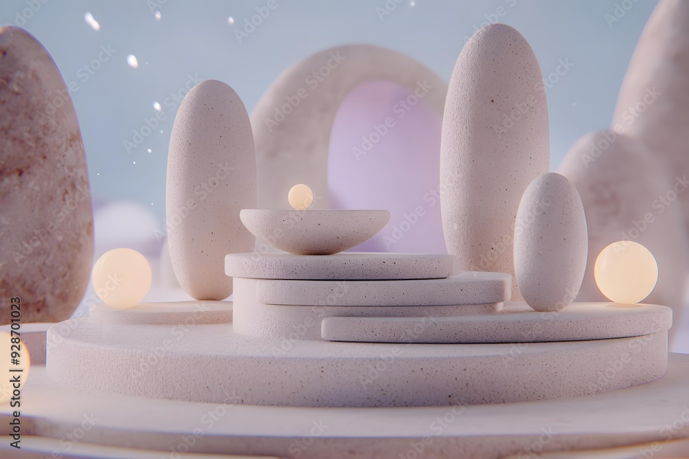 Poster abstract 3d render with white stone and geometric shapes