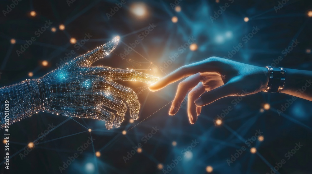 Poster ai and big data network: human and robot hands connect over a glowing big data network, symbolizing 