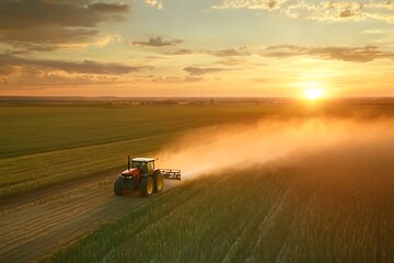 Tractor spraying pesticides on corn field with sprayer at spring