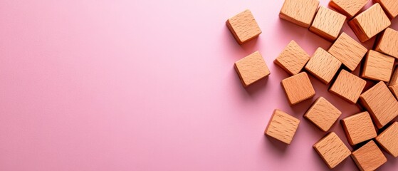 Colorful wooden blocks scattered on a soft pink background, perfect for educational themes and playful design projects.