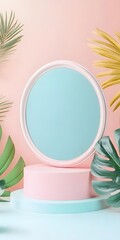 Pastel Color Background With Tropical Leaves and Circle Frame