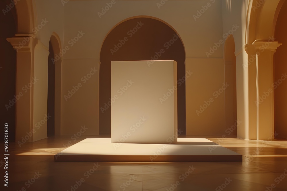 Poster minimalist white cube on a platform with archways background