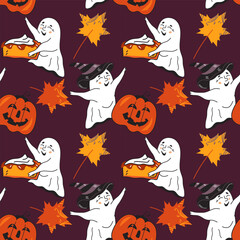 Halloween Seamless pattern with cute baby ghost character and pumpkin monster, vector illustration for Halloween cards and party invitations, wrapping paper print.