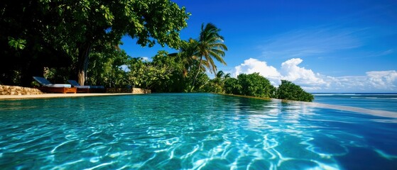 Obraz premium Serene infinity pool overlooking a tropical paradise with clear blue water and vibrant greenery under a sunny sky.