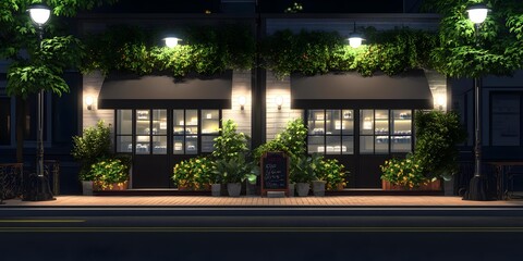 Fototapeta premium Nighttime View of a Small Store with Green Plants