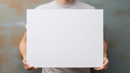 A woman in casual attire displaying a white mockup in a clean, 