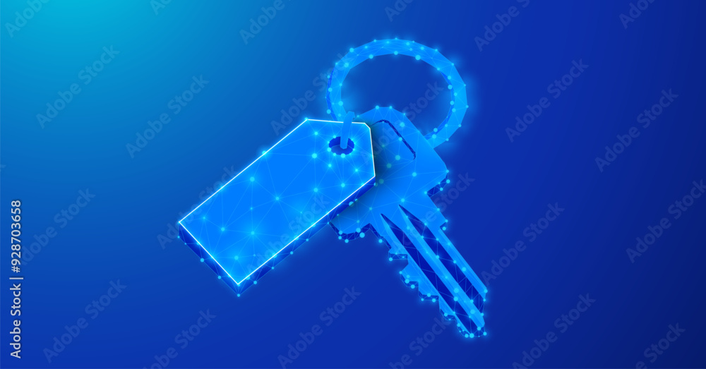 Aufkleber Digital representation of a key and a polygonal tag created using a network of glowing blue lines and nodes. The futuristic design, against a dark blue background. Futuristic Digital Key with Tag
