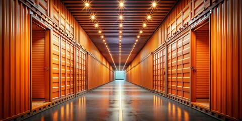 Fototapeta premium Orange Container Corridor A 3D Rendering of a Surreal Warehouse Space with Doors Ajar, Container, Warehouse, Architecture, Interior