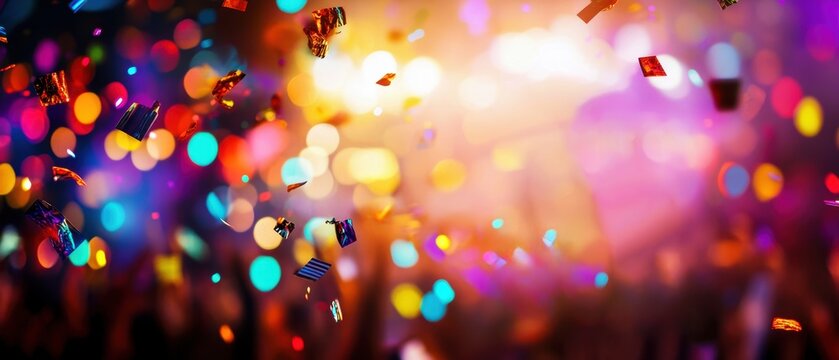 Vibrant bokeh lights create a festive atmosphere perfect for celebrations and parties, showcasing energy and excitement.