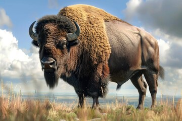 A large bison stands proudly on the grass-covered field, offering a majestic view