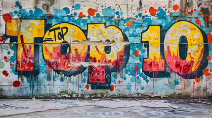 Vibrant graffiti displaying the phrase top 10 on a city concrete wall