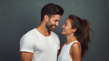 Obraz premium A young couple with Caucasian features is happily 