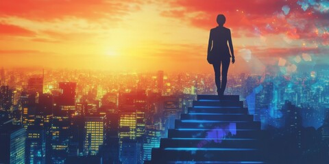 Ascent to Achievement: The Silhouette of a Person Climbing Steps Against a Patterned Urban Landscape, Symbolizing Progress and Success.
