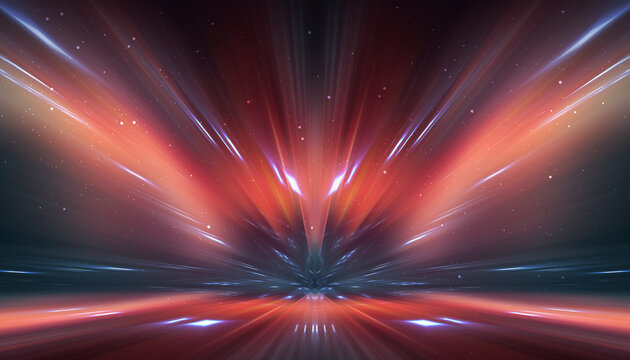 Abstraction with rays and neon. Futuristic empty stage.