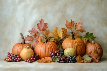 Pumpkins, Grapes, and Autumn Leaves on a Tan Background