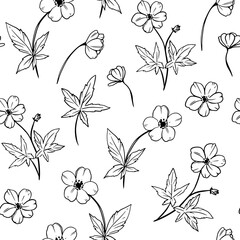Floral seamless pattern, monochrome sketch, hand drawn vector