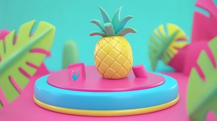 3D Rendered Pineapple Fruit with Tropical Leaves on Colorful Background