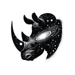 silhouette of Rhinoceros filled with space and sci-fi element in rough drawing,