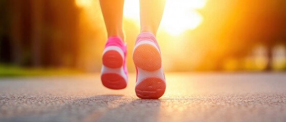 A close-up view of a person's feet in vibrant pink shoes, jogging along a sunny path at sunset, embodying fitness and motion.