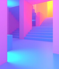 Neon Stairs and Colorful Walls in Abstract Room