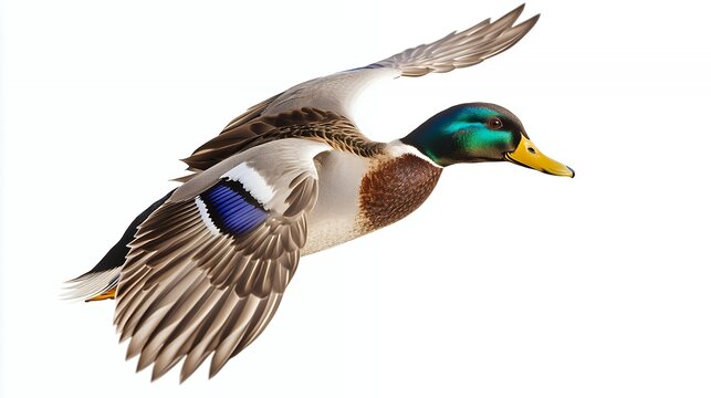 A mallard duck with spread wings is flying in mid-air with a white background. - Powered by Adobe