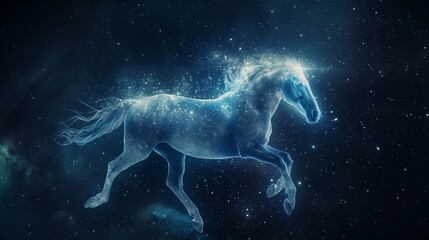 Fototapeta premium Against the velvet canvas of space, a horse gallops, composed of stardust and cosmic lights, forming a celestial figure that blends with the constellations