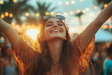 Obraz premium A young woman with her arms raised, smiling and looking up at the sunset while wearing sunglasses and a yellow blouse.
