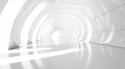 A sleek, modern white tunnel illuminated by soft light, creating a serene and futuristic atmosphere.