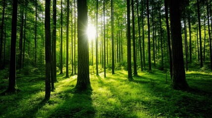 Obraz premium A serene forest scene illuminated by sunlight, showcasing tall trees and vibrant green foliage.