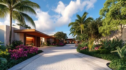 Fototapeta premium Tropical Resort Driveway with Lush Greenery and Palm Trees