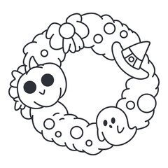 Halloween scary wreath coloring page book vector cartoon illustration isolated on a white background.