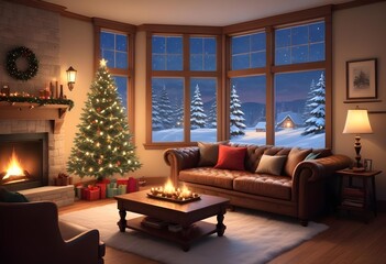 A cozy living room with a decorated Christmas tree, a tufted leather sofa, and a window overlooking a snowy outdoor scene, christmas' eve vibes background 