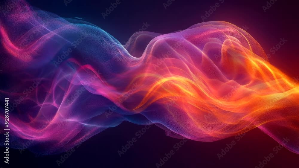 Wall mural flowing purple and orange light waves intertwining in a dark space creating a smooth motion effect. 