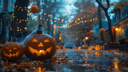 Fototapeta premium Trick-or-treaters in spooky costumes walking through a neighborhood decorated with jack-o'-lanterns and cobwebs on Halloween 