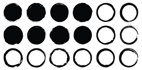 Set of black grunge circles shapes. Grunge round shape.  Paintbrush stamp collection. Vector grunge circle. Grunge banner.	