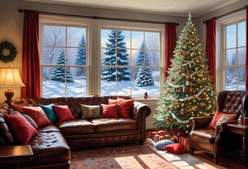 A cozy living room with a decorated Christmas tree, a tufted leather sofa, and a window overlooking a snowy outdoor scene, christmas' eve vibes background 