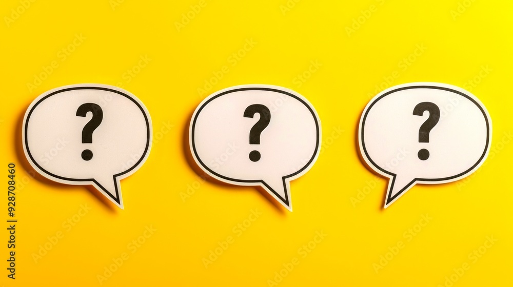 Poster three speech bubbles with question marks rest on a bright yellow background. this colorful image sym