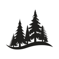 Obraz premium Silhouette of different types of forest pines and Christmas trees with soil in the form of a wave, forest logo.