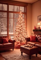 Fototapeta premium A cozy living room with a decorated Christmas tree, a tufted leather sofa, and a window overlooking a snowy outdoor scene, christmas' eve vibes background 