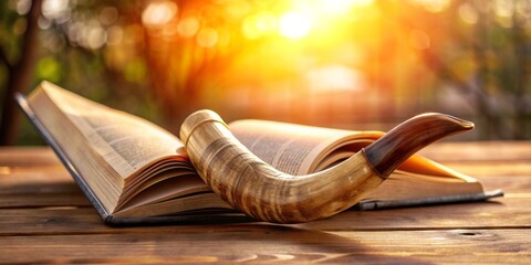 Shofar Resting on an Open Book in Golden Light, Jewish , Rosh Hashanah , Shofar , Holy Day