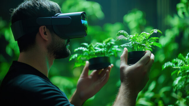 Man with VR headset exploring plants in greenhouse, showcasing the integration of technology in agriculture for better plant cultivation. - Powered by Adobe