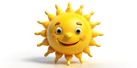 Smiling Yellow Sun 3D Cartoon Character, 3D Rendering, Cartoon Sun, Happy Sun ,White Background
