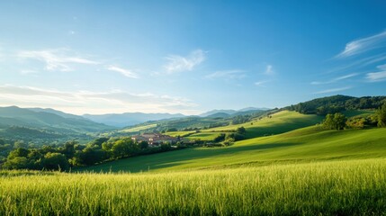 Fototapeta premium Breathtaking panorama of rolling hills and green fields under a clear blue sky, inviting tranquility and natural beauty.